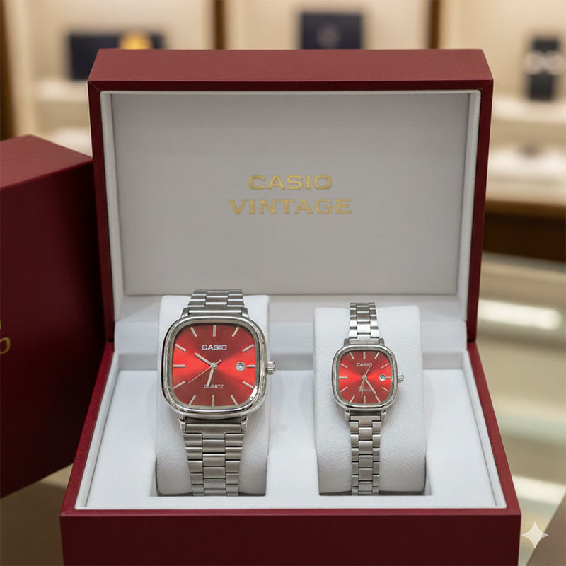 Casio Gri Vintage Saat Seti Cherry Red